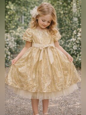 Mini Boden • NWT $84 USD Gold Sparkle Tulle Girls' Party Dress with Satin Bow